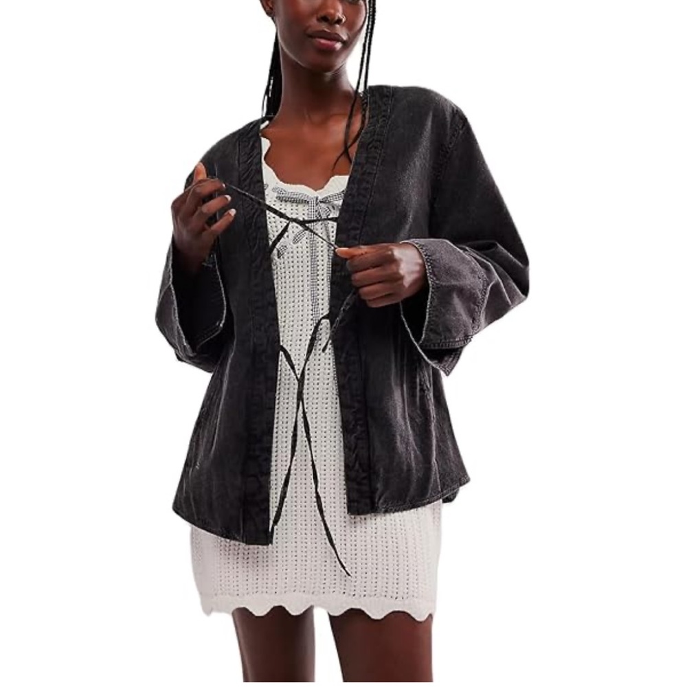 Free People Tie-Front Black Denim Jacket Dragonfly Wide Top XS